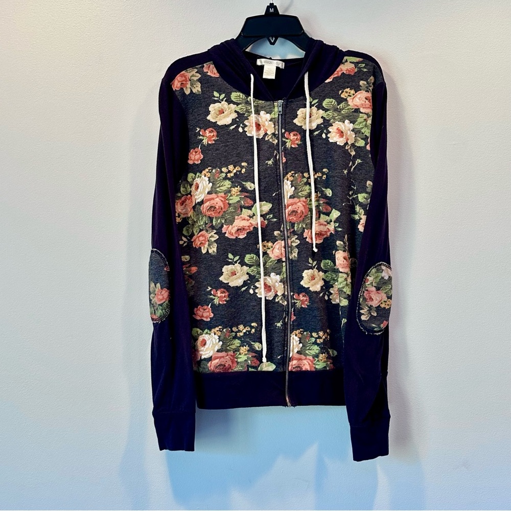 Bozzolo Women's Blue Floral Zip Up Hoodie with Elbow Patches, Size S